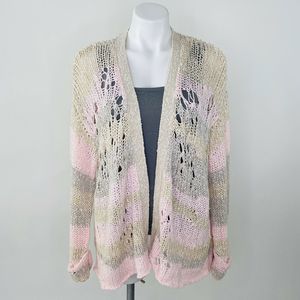 WILDFOX Cardigan Women size XS Pink Beige Distressed Striped Open Knit Sweater